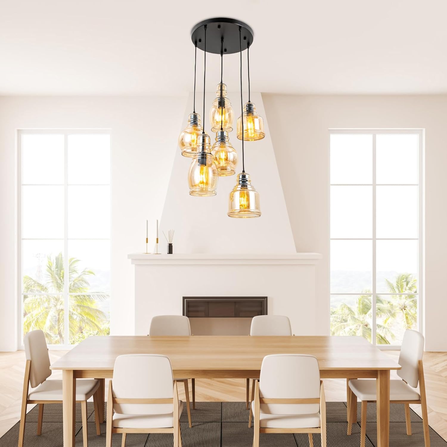 Glass Pendant Chandelier for Dining Room, Hanging Modern Cluster Globe Pendant Lighting, 6 Lights Barn Ceiling Kitchen Island Light Matte Black Gold Finish for Foyer,Hallway, Bedroom