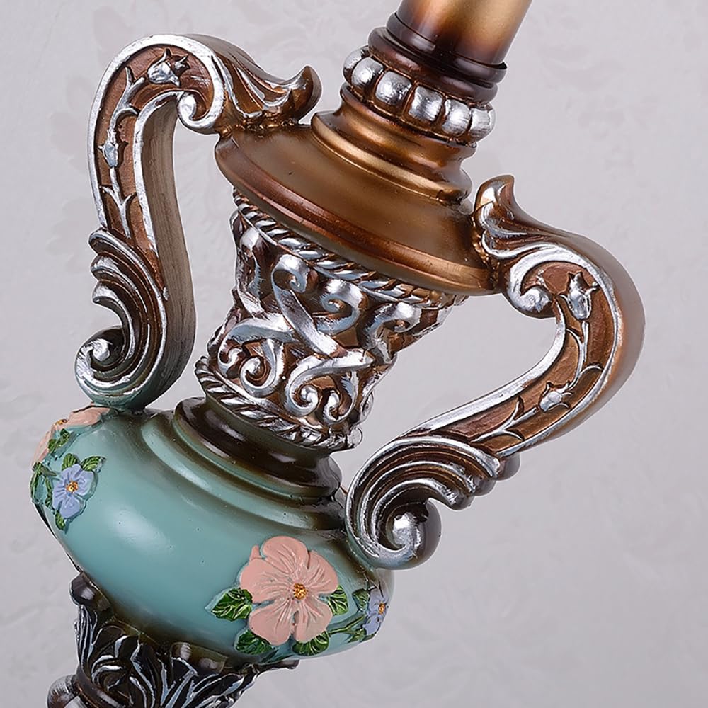 Lovely Table Lamp with Fabric Lampshade, Antique Flower Decorative Bedside Desk Lamp, Crystal Night Light for Bedroom Nightstand, Blue Finish