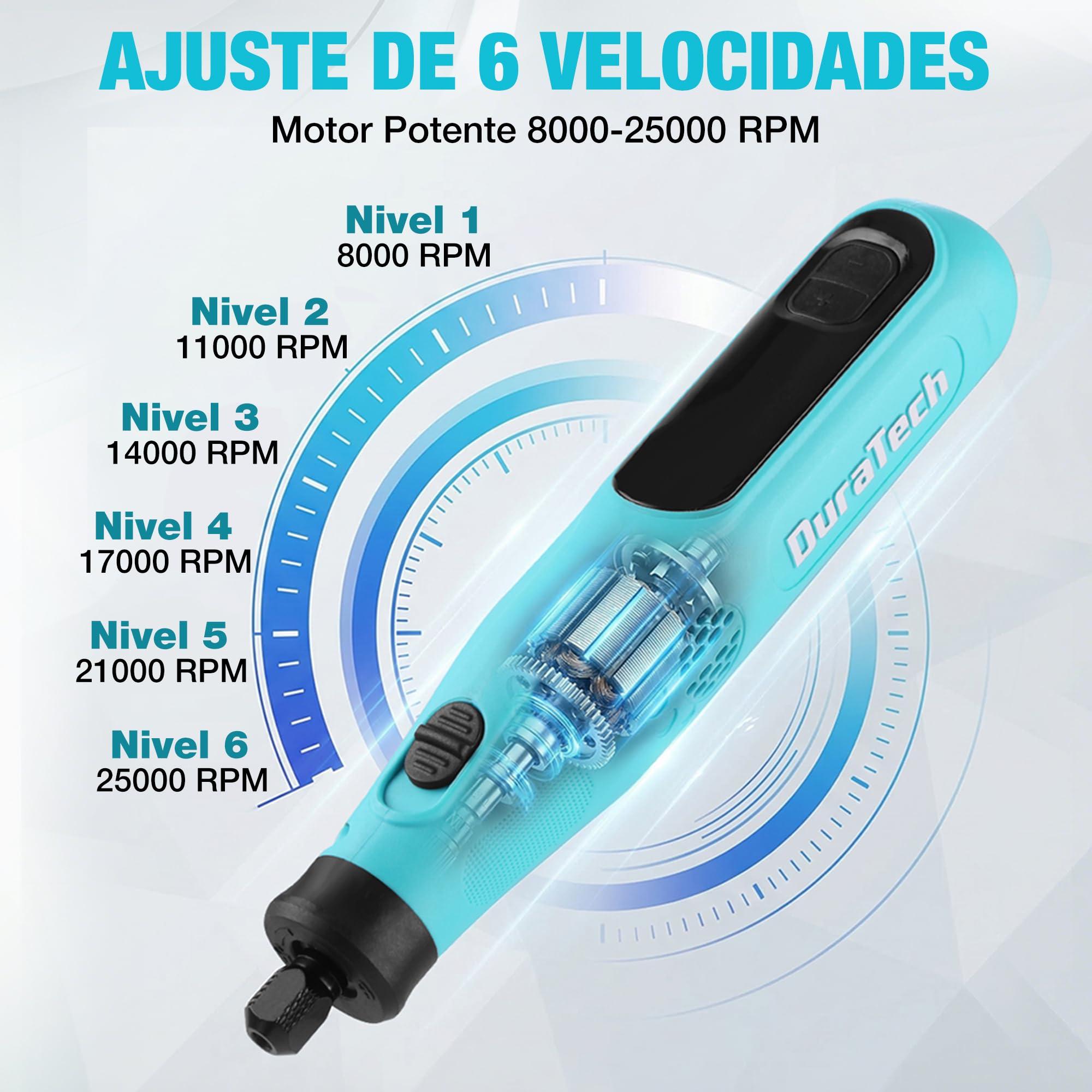 DURATECH Amoladora Inalámbrica de 3,6V, Multiherramienta Recargable de 25000RPM, Herramienta Rotativa con 135 Accesorios, 6 Velocidades Variables, para Cortar, Tallar, Grabar, Perforar