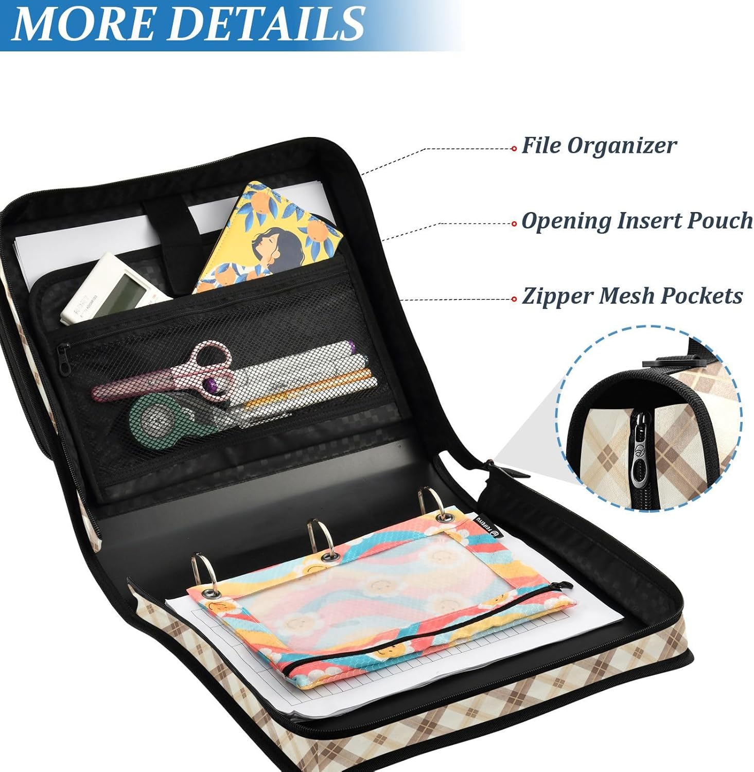 Plaid Zipper Binder 3 Ring Binder with Zipper 1.5 Inch Shoulder Strap & Handle Binders Organizer Bag Oatmeal Color