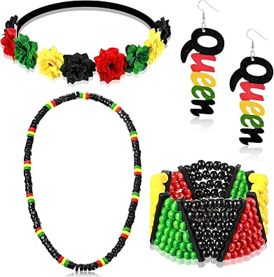 4 Pcs Juneteenth Outfit African Jamaican Jewelry for Women, Rasta Beaded Bracelet, Flower Crown Headband, Necklace & Queen Dangle Earring in Rasta Color, Jamaican Outfit | Rastafari Pride Accessories