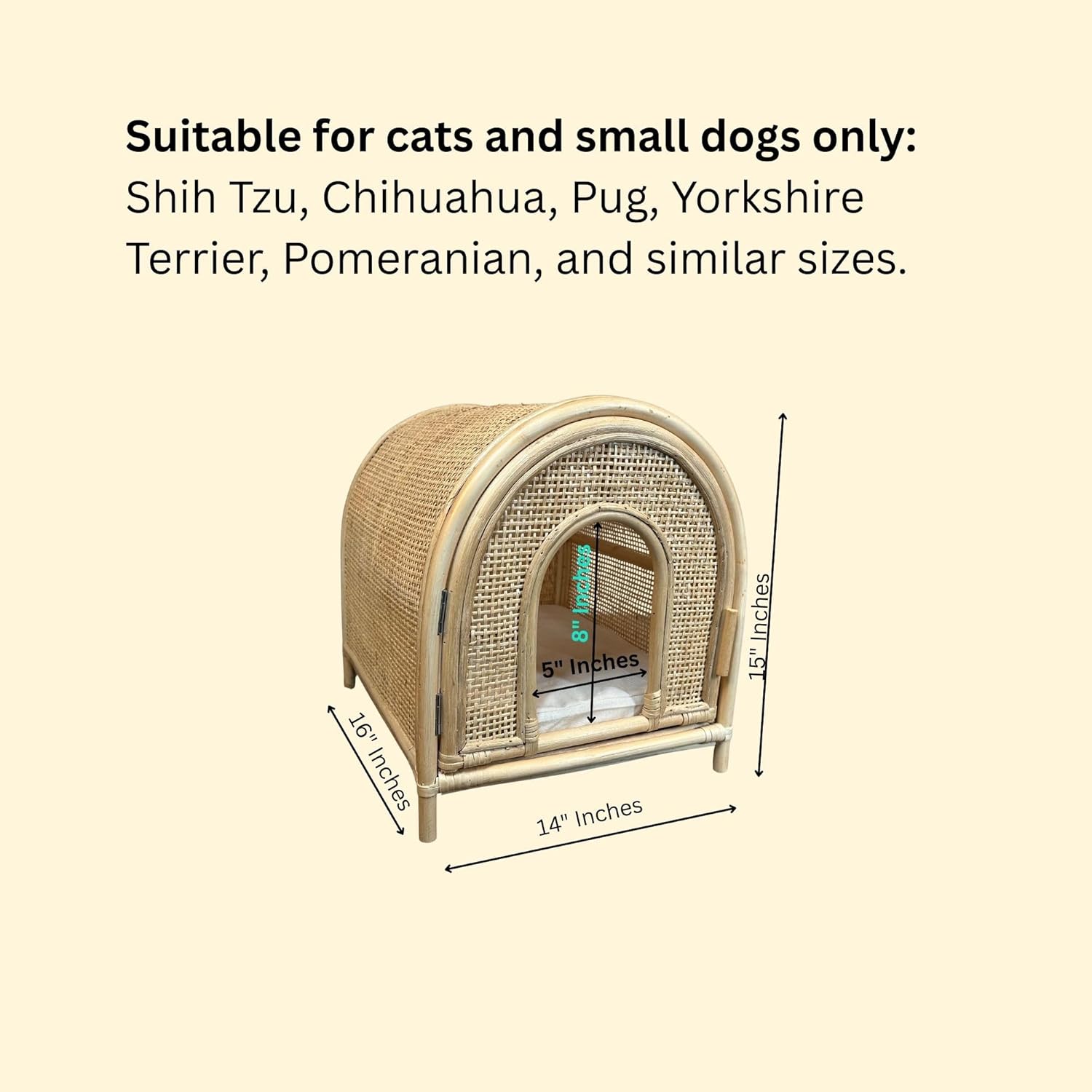 14” x 16” x 15” Handmade 100% Natural Rattan Pet House for Cats & Small Dogs, Indoor Cat Bed or Dog Bed Shelter, Stylish Eco-Friendly Woven Pet Furniture