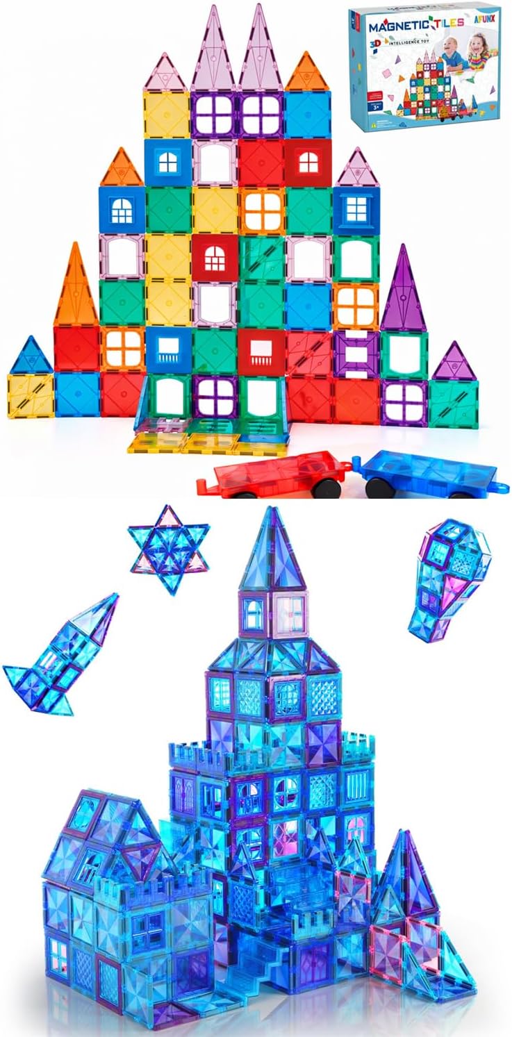 102PCS Magnetic Tiles with 2 Cars & 116PCS 3D Diamond Magnetic Blocks