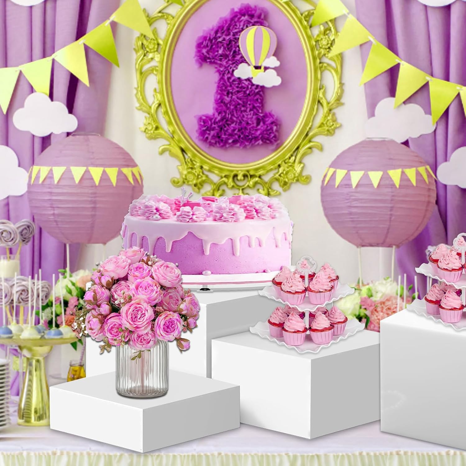 7PCS Acrylic Buffet Risers, Food Risers for Buffet Table Dessert Table Display Set Cupcake Stands Shelf Catering Supplies, Large White Cube Boxes for Food Display Ith Hollow Bottoms