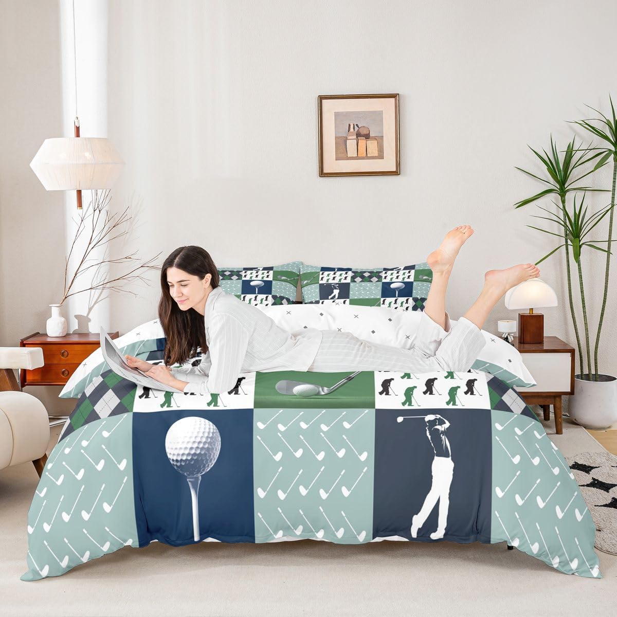 Homewish Golf Duvet Cover Set Full Size Geometric Patchwork Plaid Comforter Cover Modern Ball Sports Gaming Bedding Set 3pcs for Men Adults Teens Room Decor Green White Quilt Cover with 2 Pillowcases