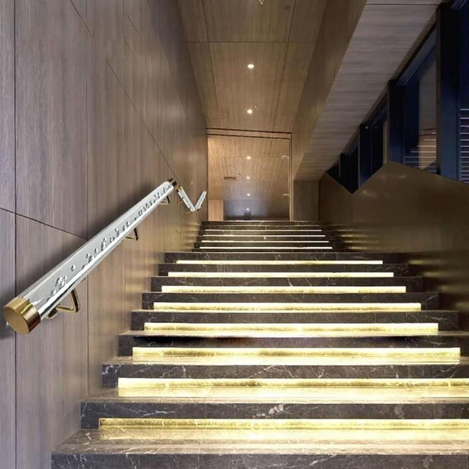 Gold Finish Crystal Acrylic Non-Slip Stairway Support Rod for Elderly & Kids - Modern Design Complete Kit - 200cm Handrail Safety Solution