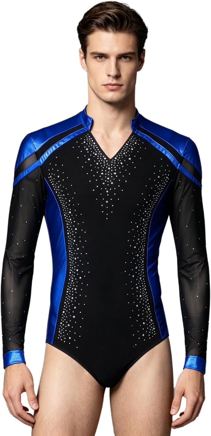 Men Metallic Latin Dance Leotard Long Sleeve Sparkly Rhinestones Ice Skating Training Shirt for Party