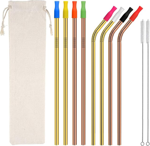 19 Piece Set of 8 Reusable Gold and Rose Gold Metal Stainless Steel Drinking Straws & 2 Cleaning Brushes, 1 Carry Bag and 8 Silicon Tips. Contains 4 Straight and 4 Bent. Home, Office Or Travel.