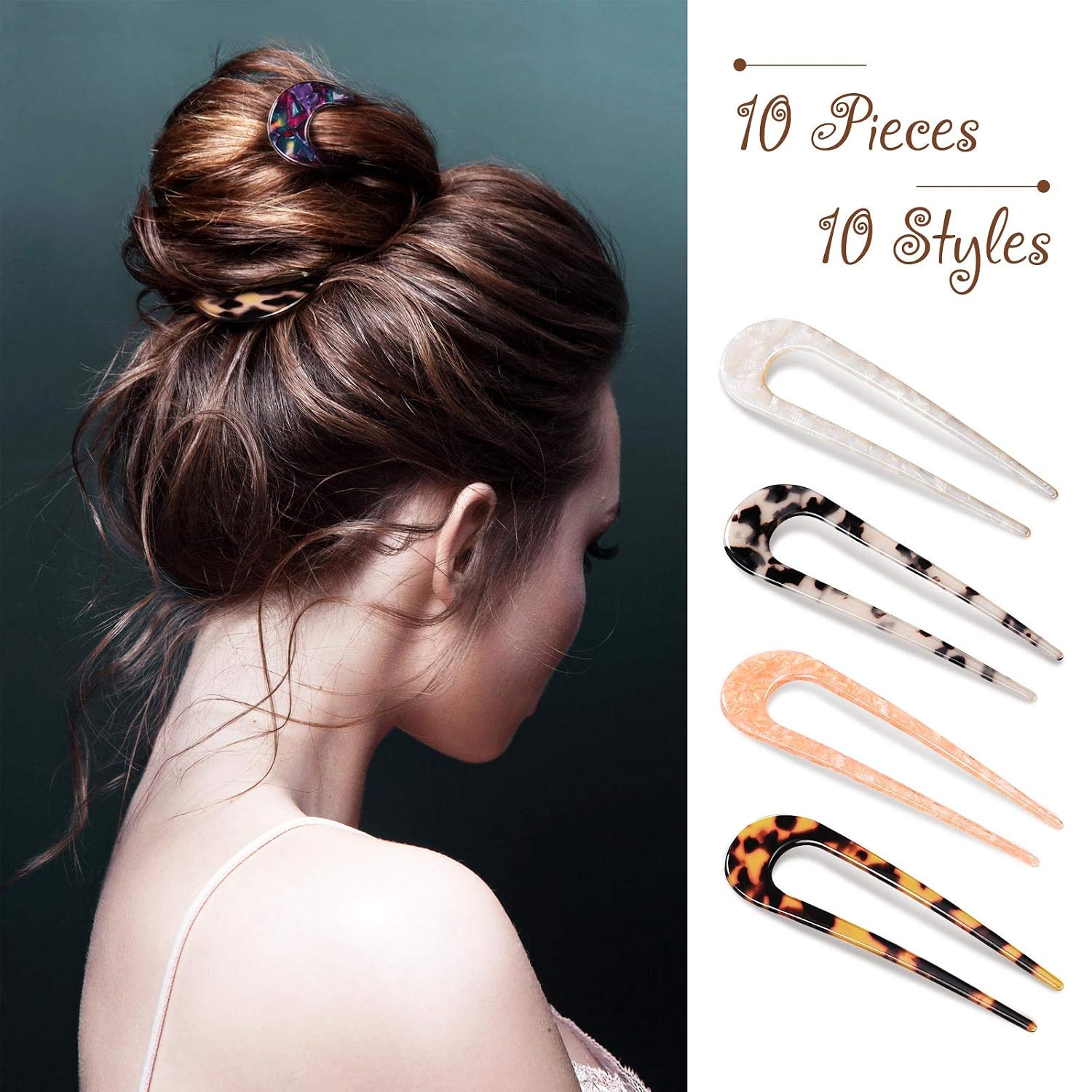 WILLBOND 10 Pcs French Hair Pins for Women 4 Inch Acetate U Shaped Hair Forks Clips Small Lightweight Decorative Thin Fine Hairstyle Sticks for Chignon Bun French Twist Half Updo