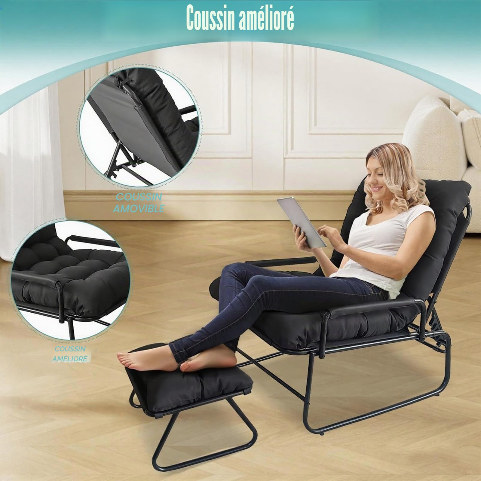 Chaise Longue Inclinable avec Repose-Pieds, Chaise Relax de Jardin, Fonction D'inclinaison à 4 Positions, Coussin Amovible avec Repose, Chaise Longue Détente pour Jardin, Terrasse (Noir)