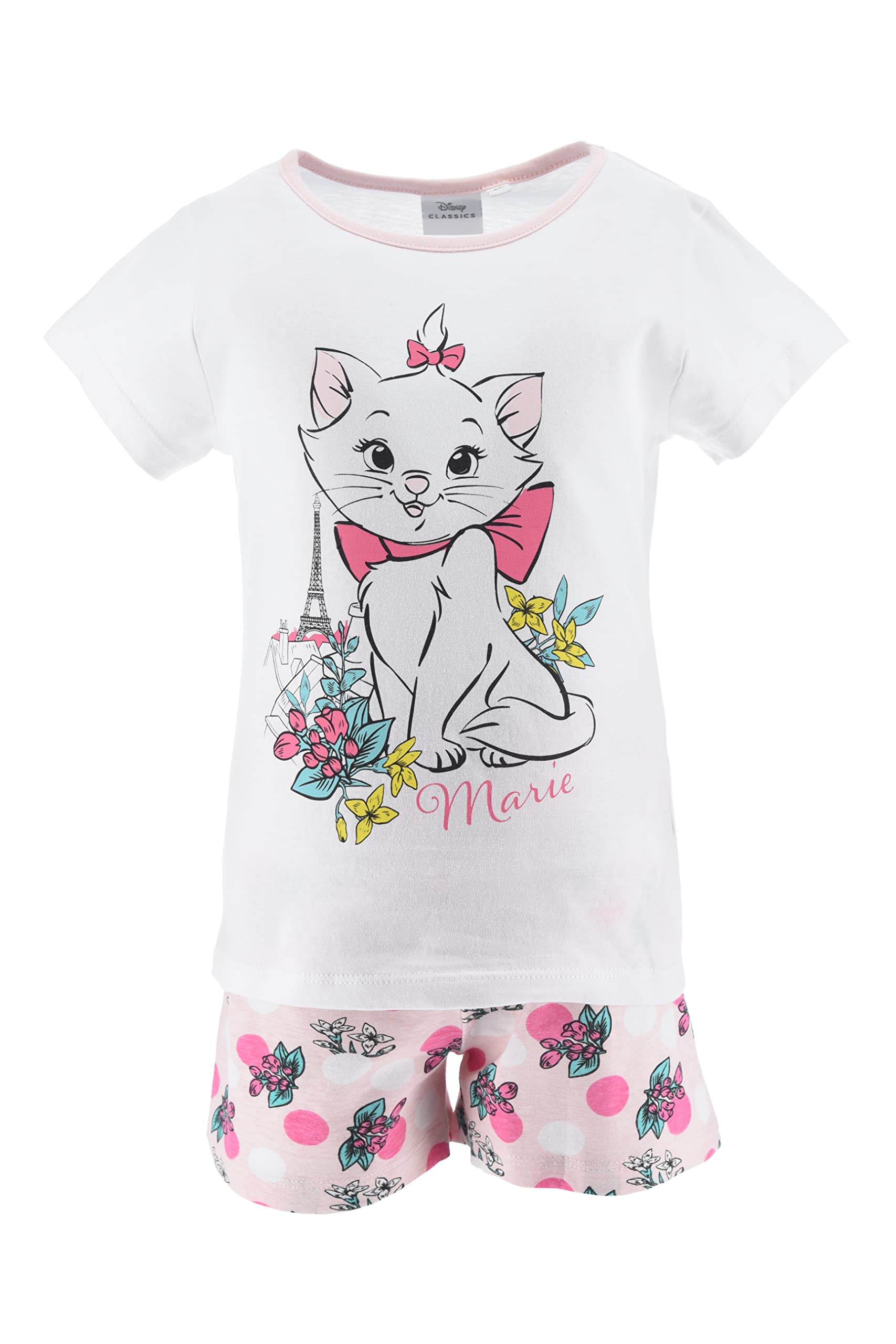 Disney Marie T-Shirt et Short pour Fille, Pyjama Fille en Coton Doux, Motif Aristochats Ensemble 2 Pièces pour Filles, Taille 4 Ans, Blanc