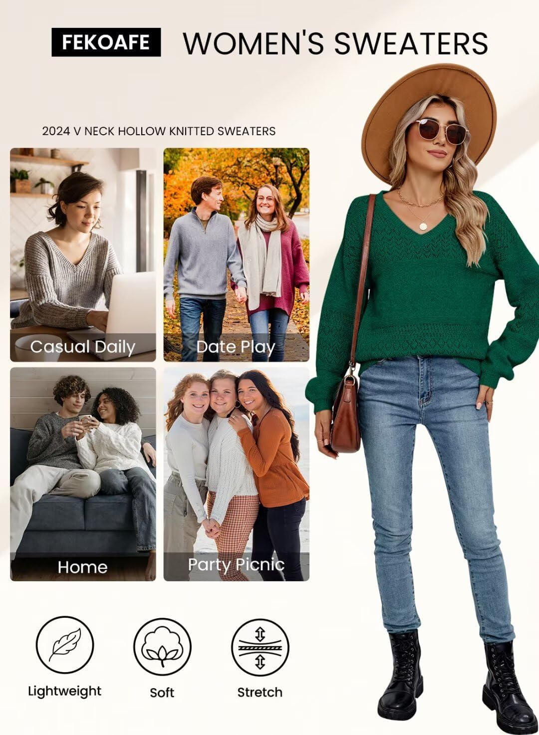 FEKOAFE Womens Sweaters 2026 Fall V Neck Long Sleeve Hollow Knit Pullover Sweaters for Women - Image 6