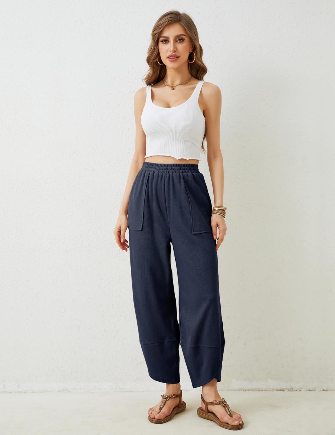 Xiaoxuemeng Womens Baggy Wide Leg Pants Casual Elastic Waisted Palazzo Harem Pants with Pockets