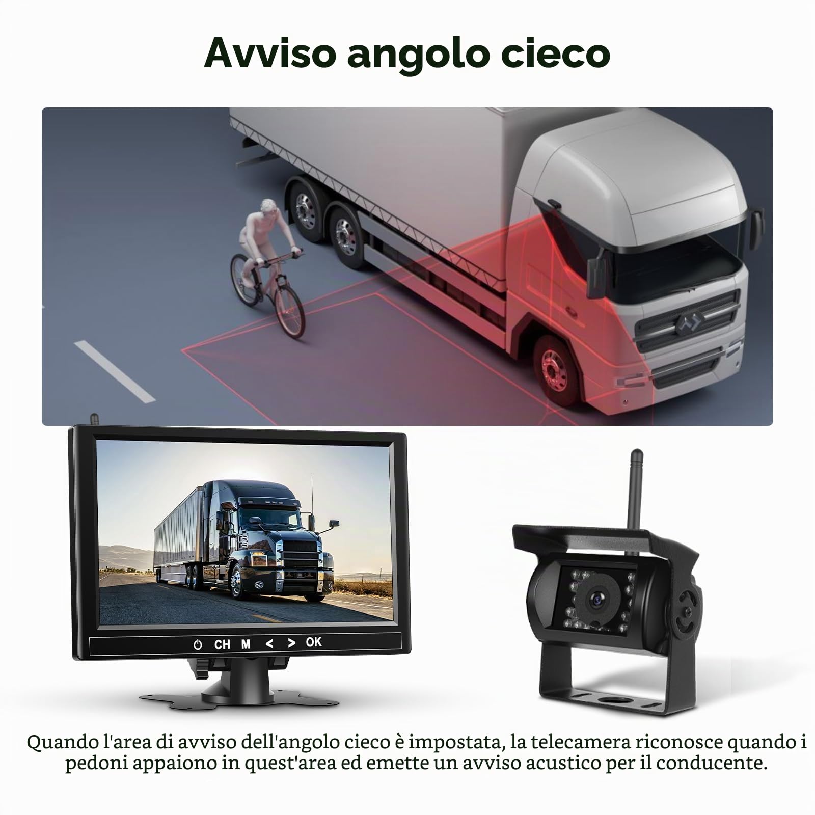 Kit di 4 telecamere posteriori 1080P HD senza fili, Podofo monitor LCD da 9 pollici con 4 telecamere di backup per rimorchio RV Camper Camion Auto Bus, rilevamento punti ciechi, linee guida, 12V-36V
