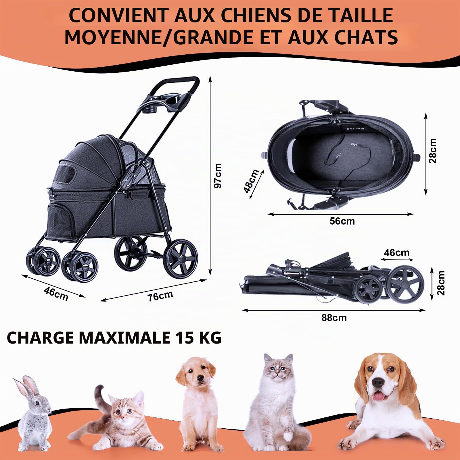 Poussette pour Chien Pliable jusqu'à 15kg - Véhicule Léger Compact pour Transport Sécurité, Promenade Voyage (Noir)