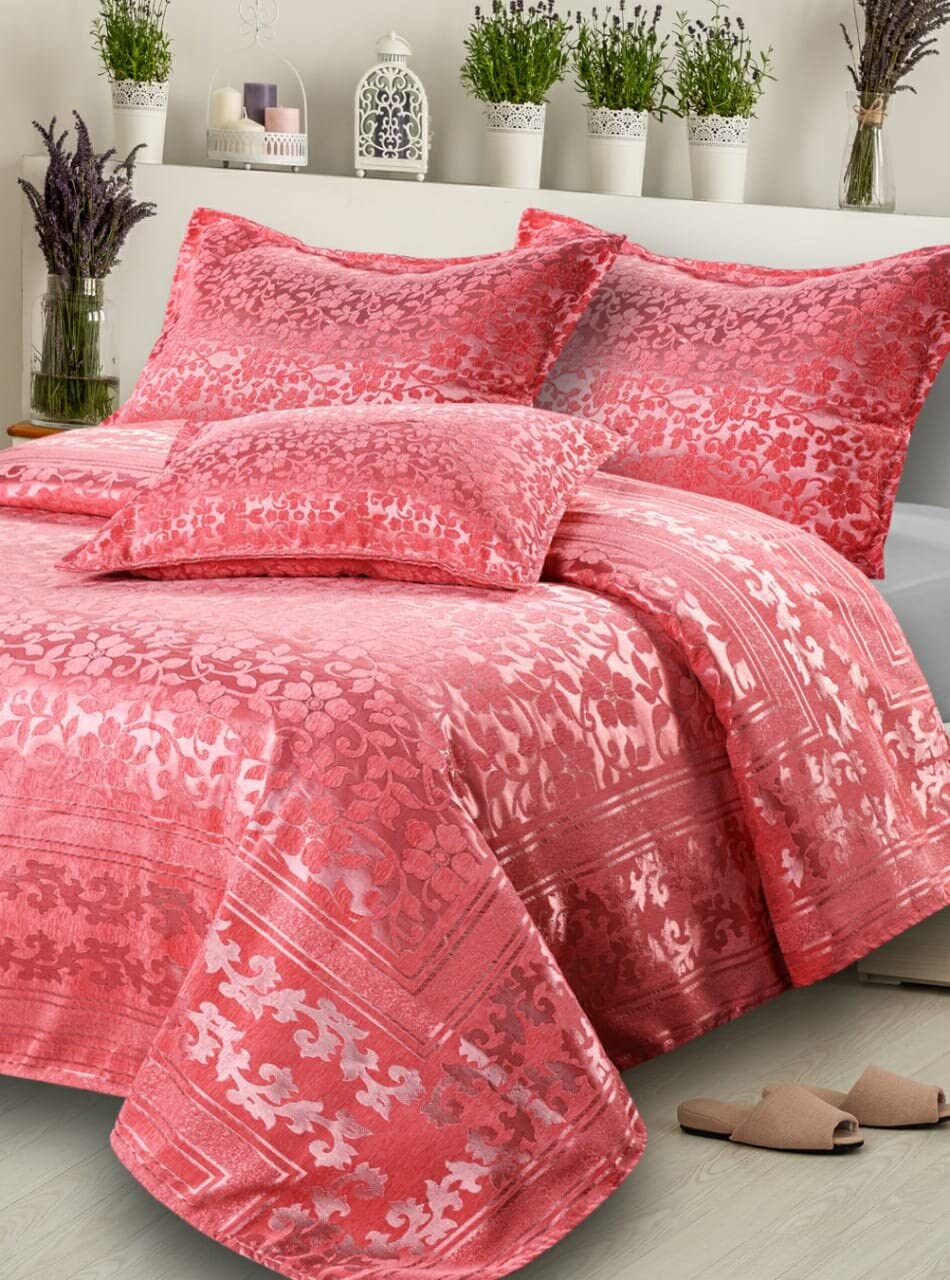 Sky Tex Pink Color 350 TC Chenille Fabric Embroidered King Size Heavy Weight Ultra Luxurious Bed