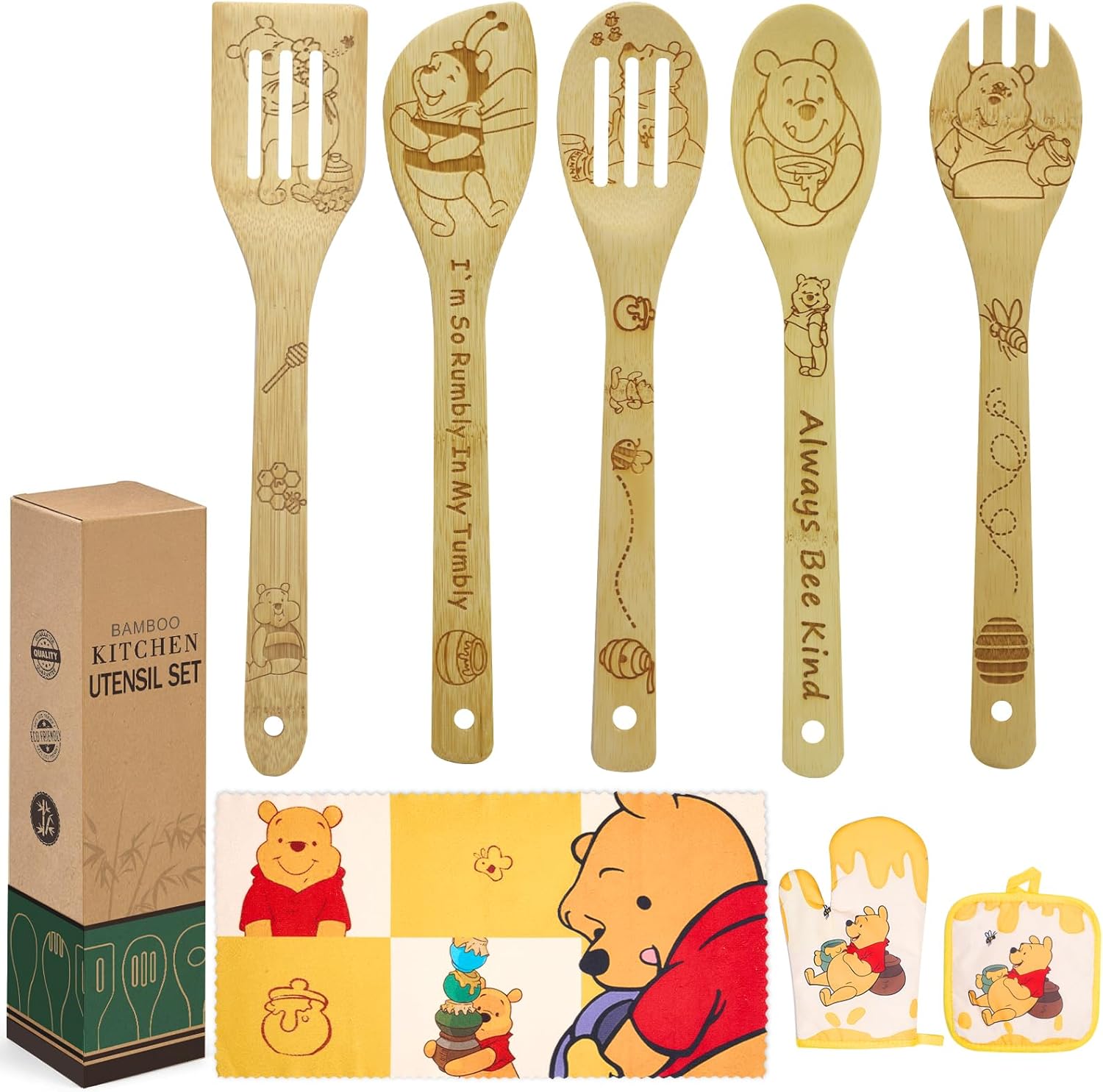 Birthday Gifts for Women, Cute Bear Bee Kitchen Cooking Utensils Set with Wooden Cooking Spoons Bamboo, Oven Mitt Potholder Dish Towels Set Great Christmas Gift Idea for Mom
