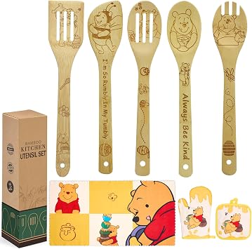 Birthday Gifts for Women, Cute Bear Bee Kitchen Cooking Utensils Set with Wooden Cooking Spoons Bamboo, Oven Mitt Potholder Dish Towels Set Great Christmas Gift Idea for Mom