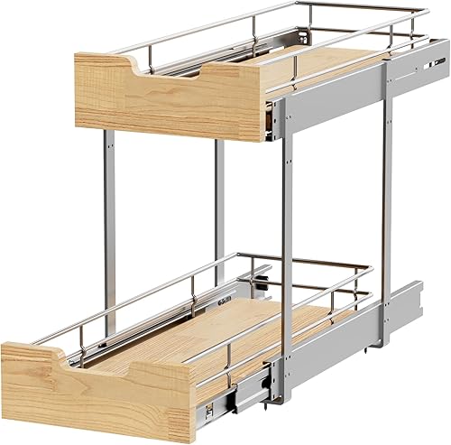 Vista 23 de Organizador de gabinete extraíble, estante deslizante resistente, cesta de madera y alambre, cajón extraíble para cocina debajo del fregadero