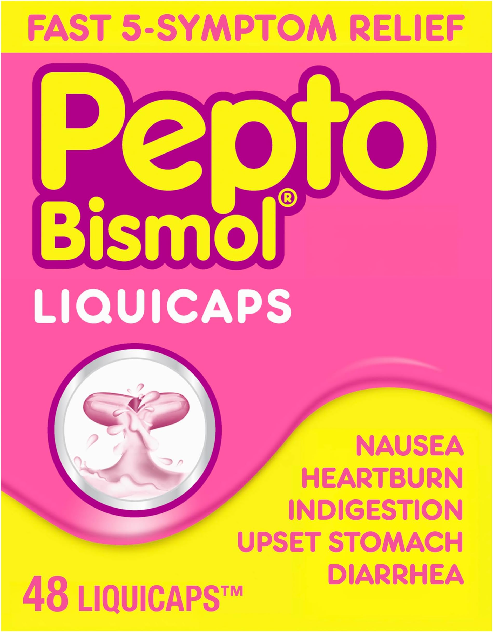 Liquicaps, Upset Stomach Relief, Bismuth Subsalicylate, Multi-Symptom Relief of Gas, Nausea, Heartburn, Indigestion, Upset Stomach, Diarrhea, 48 Liquicaps