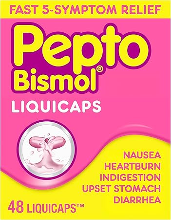 Pepto Bismol Liquicaps, Upset Stomach Relief, Nausea Relief, Heartburn Relief, Indigestion Relief, Anti Diarrhea Medication for Adults - 5 Symptom Fast Relief, No Flavor, 48 ct