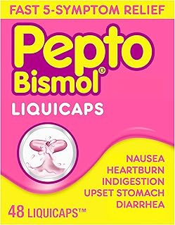 Pepto Bismol Liquicaps, Upset Stomach Relief, Nausea Relief, Heartburn Relief, Indigestion Relief, Anti Diarrhea Medication for Adults - 5 Symptom Fast Relief, No Flavor, 48 ct