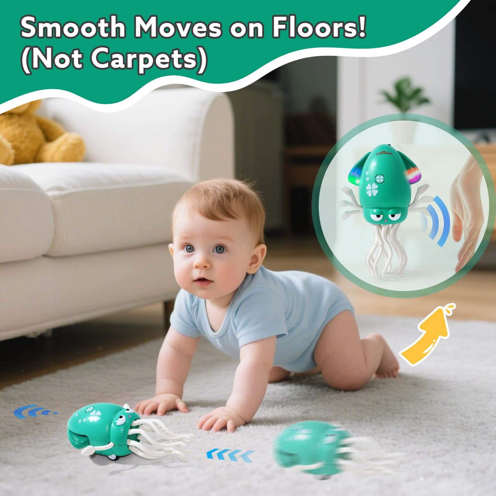 2026 New Electric Dancing Squid Toy with LED Lights & Music, Crawling Dancing Octopus Toys Tummy Time Toys, Magic Dancing Squid Baby Toys Obstacle Avoidance & Fishing Game (Green, S)