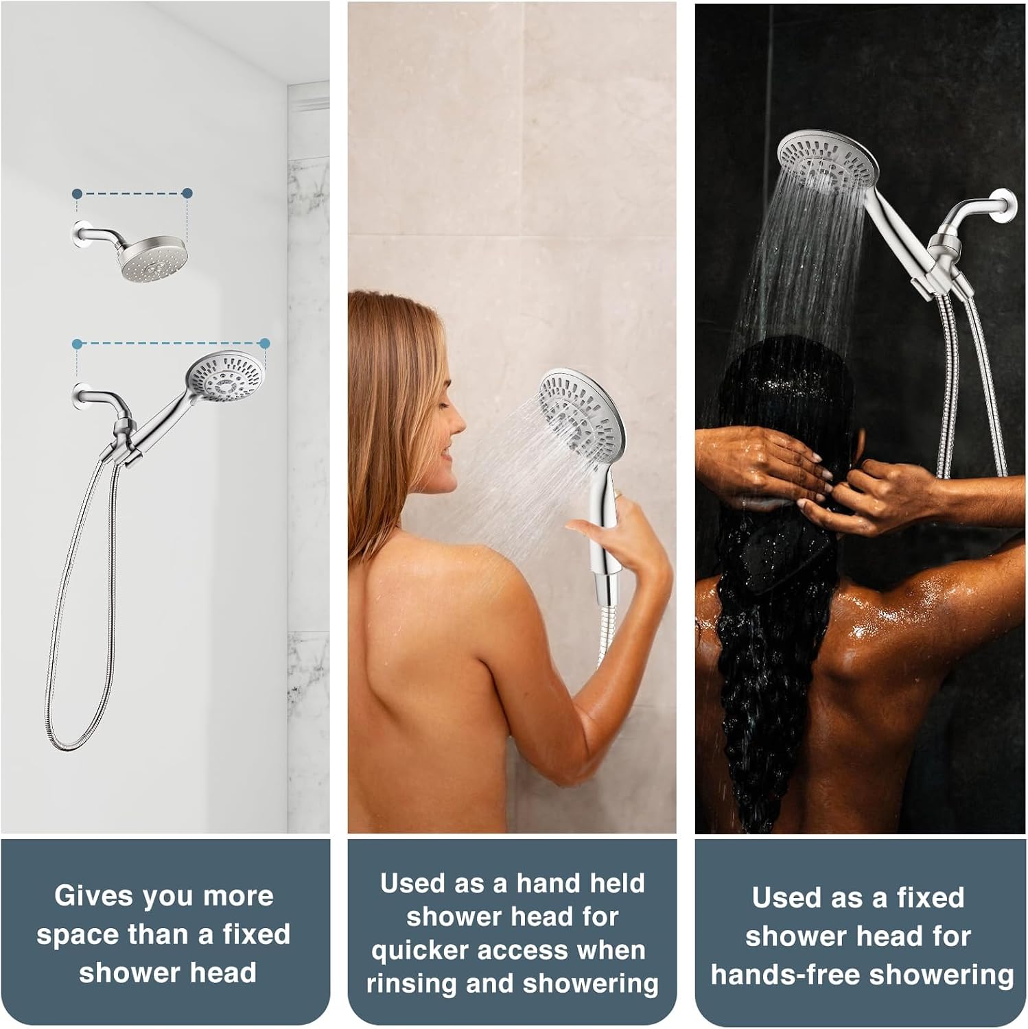 BRIGHT SHOWERS 9 Spray Settings Shower Head with Handheld High Pressure Brushed Nickel Hand Held Showerhead with 60 Inch Stainless Steel Hose and Adjustable Overhead Bracket image 3