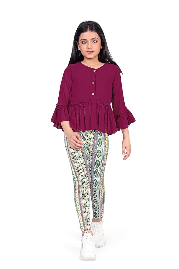 Fashion Dream Girl’s Maroon Georgette Top with Geometric printed Jagging’s Apparel Combo Set