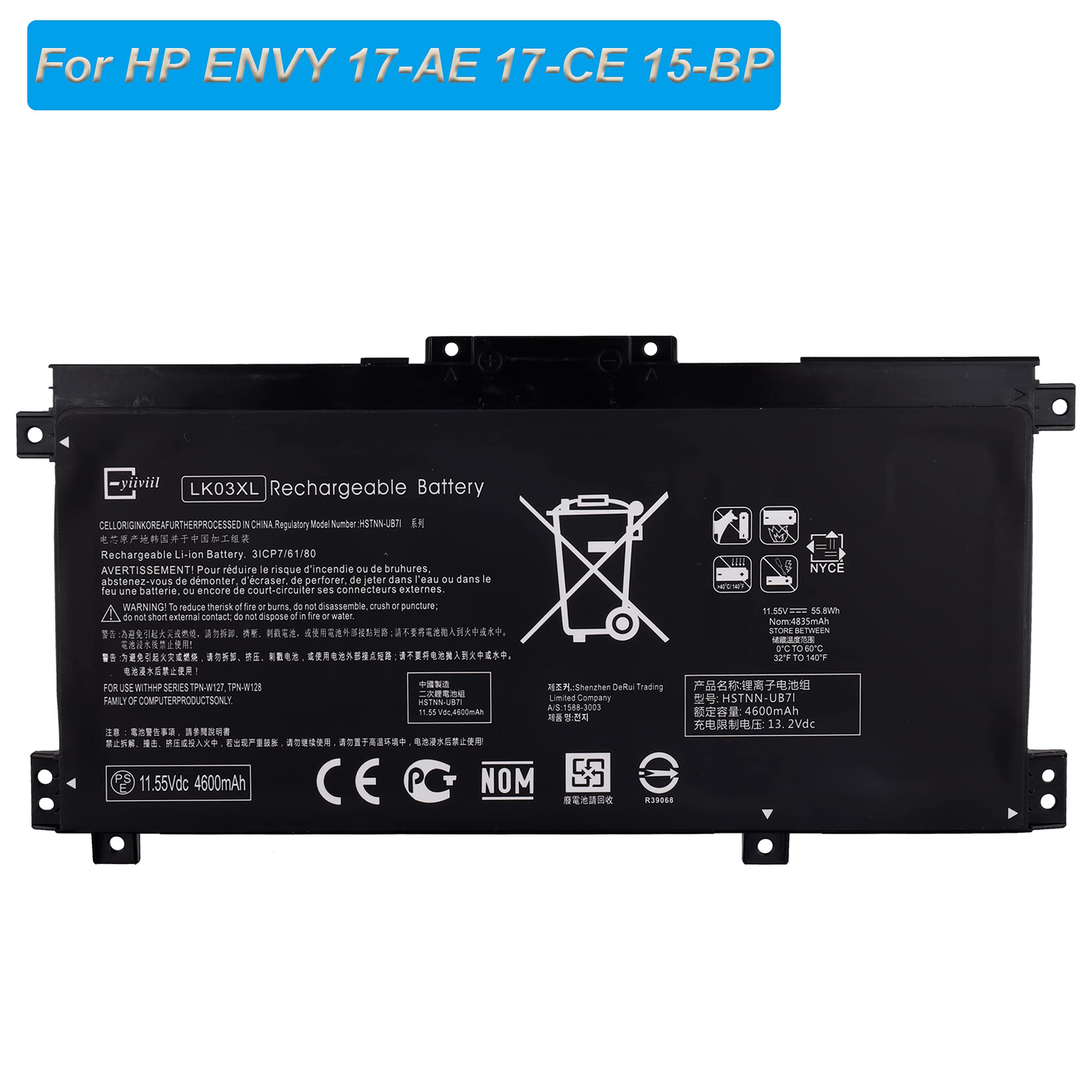 Batterie de rechange LK03XL compatible avec HP Envy 17-AE 17-CE 15-BP 15-CN L09281-855