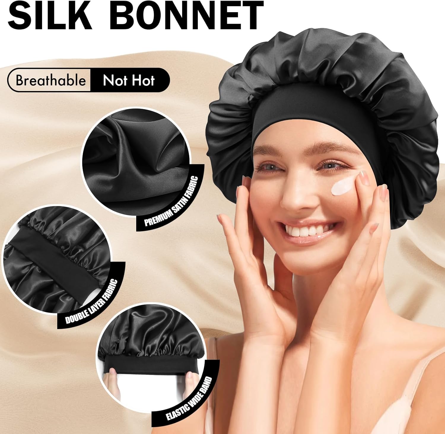 Satin Silk Bonnet for Sleeping, Double Layer Silk Sleep Cap for Men & Women, Soft Satin Lined Bonnet for Curly Hair Black image 2 of 6 B0DMSDC5MM