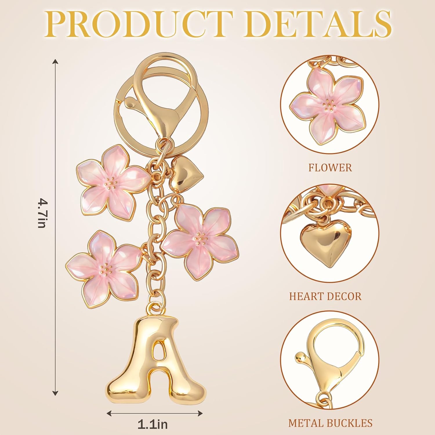 Snycler Gold Bubble Letter Keychain, Initial Bag Charms for Handbags, Cute Flower Purse Accessories for Women, Monogram Gift