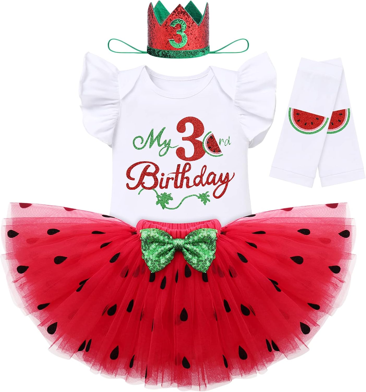 IBTOM CASTLE Baby Girls Watermelon Birthday Half 1st/2nd Party Outfit Romper Tutu Skirt Leggings Headband 4pcs Clothes Set