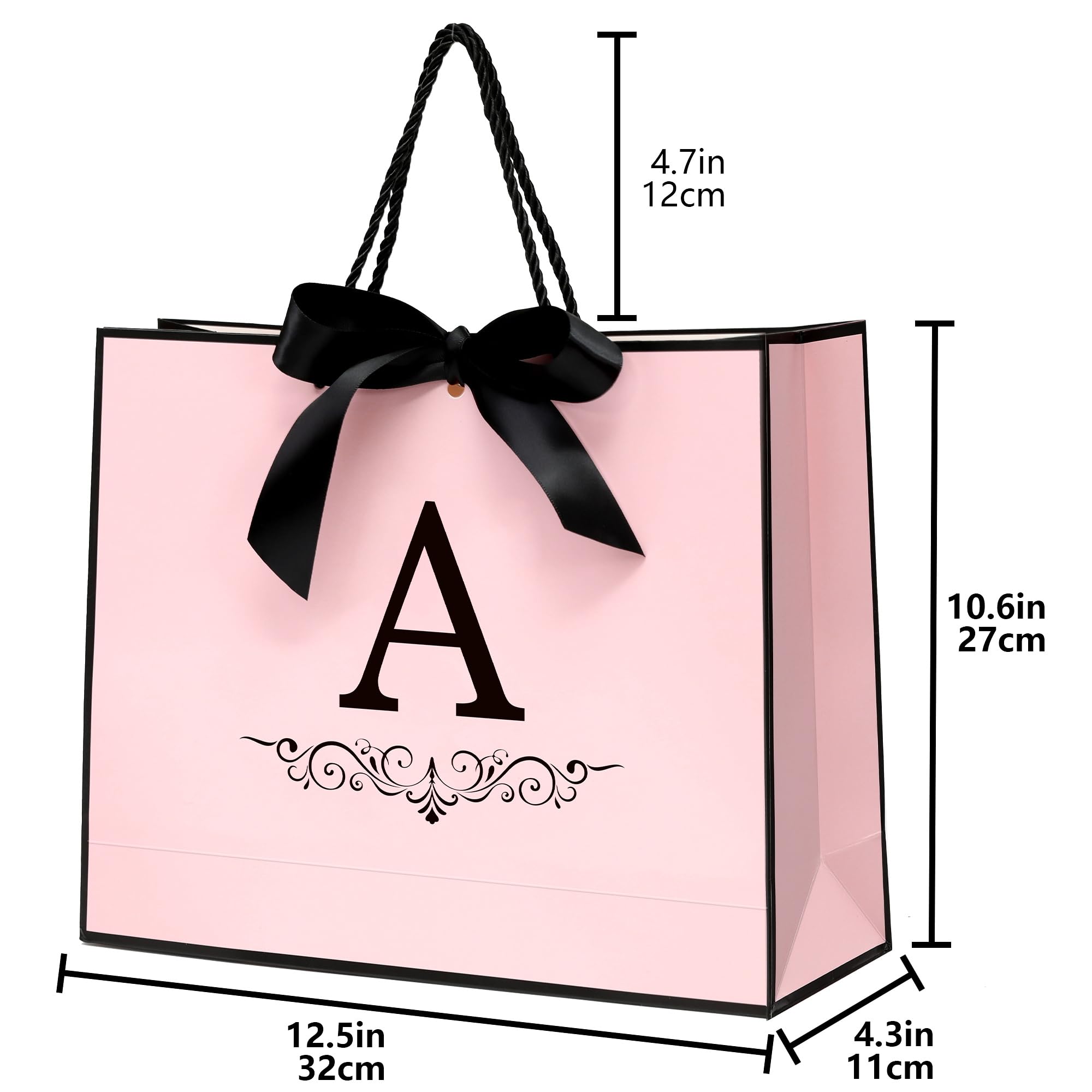 KeerxunBag Paper Personalized Gift Bags for Women Girls with Initial - Monogrammed Pink Paper Gift Bag with Ribbon Bow, Matching Tissue Paper, Card and Envelope Sticker (A, Medium)