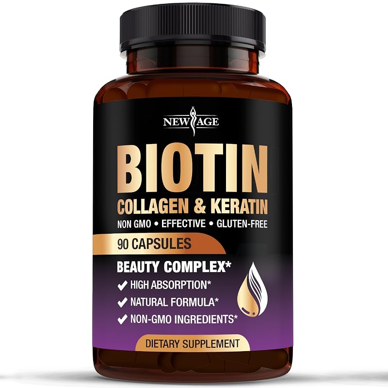 NEW AGE Suplemento para cabelos, pele e unhas com biotina, colágeno, queratina e ácido hialurônico, 90 cápsulas