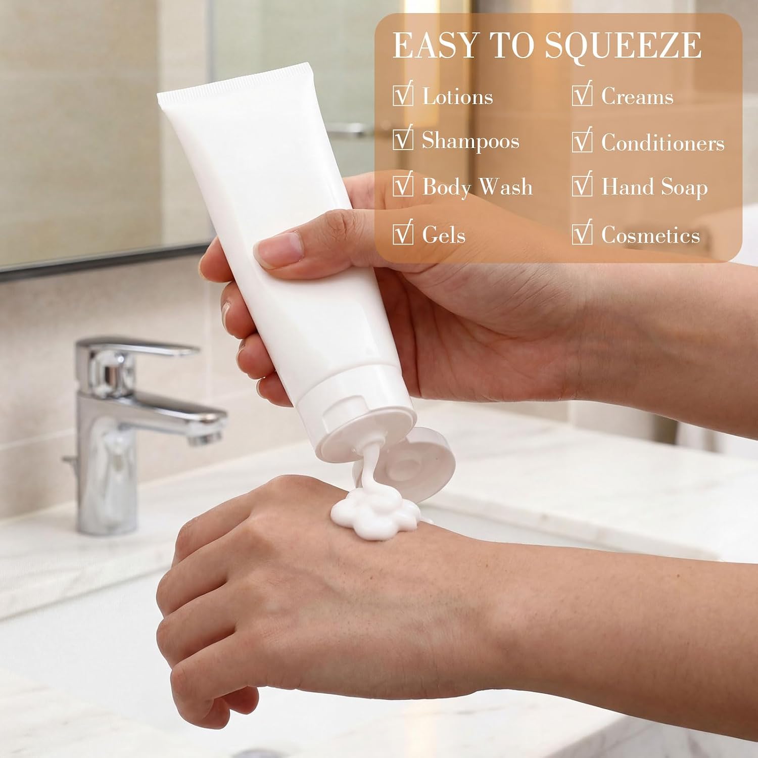 50 Pack 100 ml/3.4 oz Empty Refillable Plastic Squeeze Tubes Clear Soft Cosmetic Lotion Bottles with Flip Top Caps Travel Size Containers for Shampoo, Facial Cleanser, Cream(White Cap)