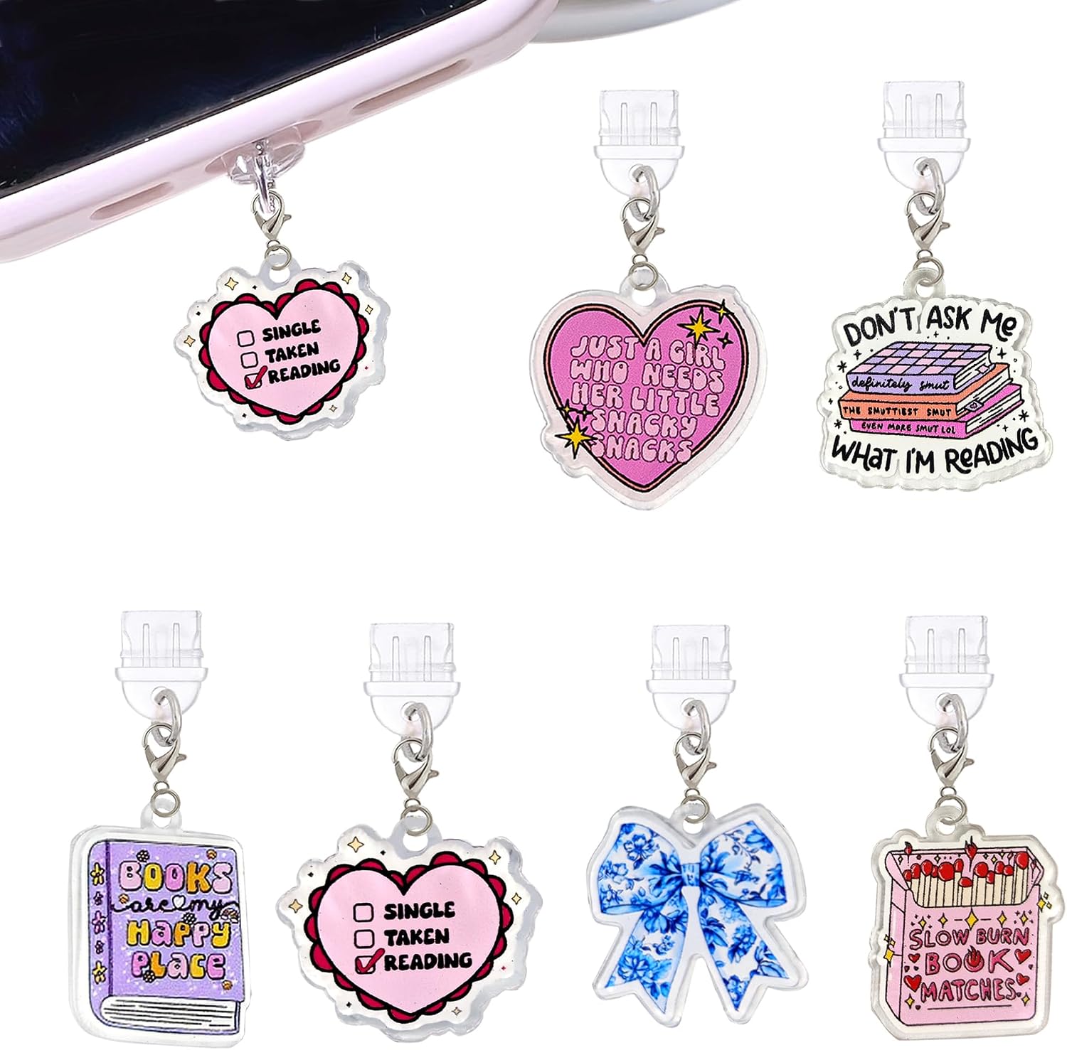 6PCS Charms for E-Reader, About Reading Theme Dust Plug Charm Compatible with Type C Charging Port, Gift for Book Lover Readers Men Women Students, Accessories for E-Reader