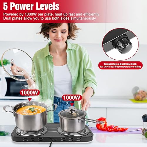 Miniatura 8 de Placa eléctrica de 2000 W, estufa eléctrica portátil para encimera, quemadores de bobina doble con control dual y control de temperatura de 5