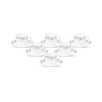 La Opala Diva, Opal Glass Coffee Cup & Saucer Set Cylinder 12 pcs, Morning Glory, White