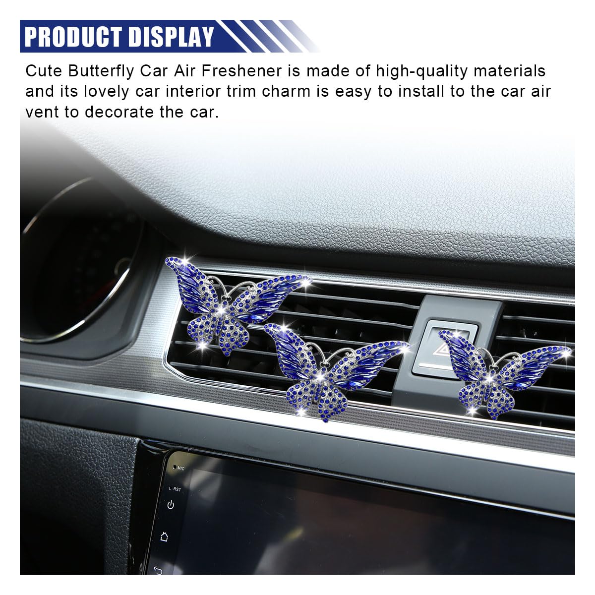 3 clip per bocchetta dell'aria dell'auto a forma di farfalla, con strass di cristallo, simpatiche clip per diffusore di aromaterapia, decorazione interna per auto, accessori per ragazze e donne (blu)