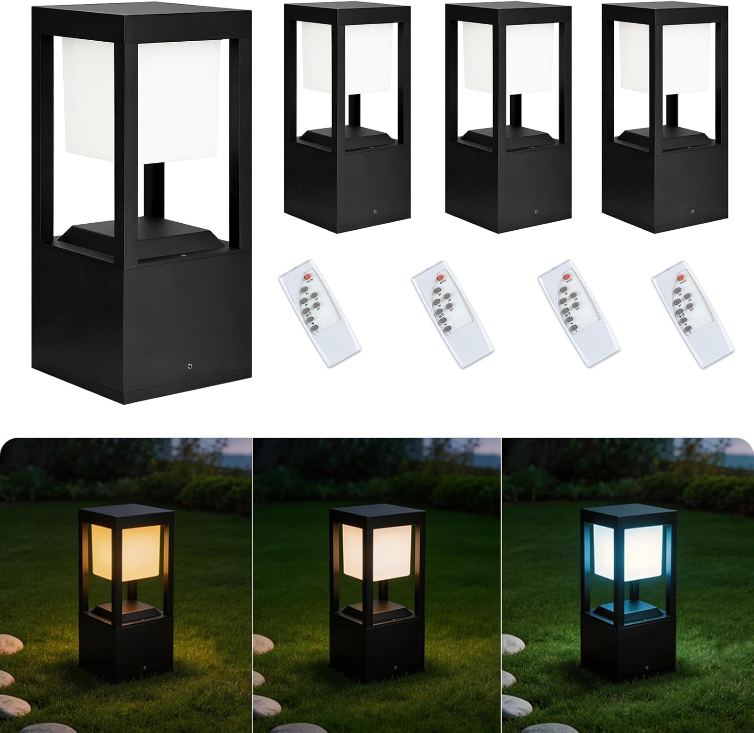 Solar Floor Lamp Outdoor Waterpoorf, Modern Die-cast Aluminum Led Lanterns for Patio Porch, Bollard Landscape Lighting for Garden Yard Walkway, Remote Control, 3CCT, Dusk to Dawn (2 Pack)