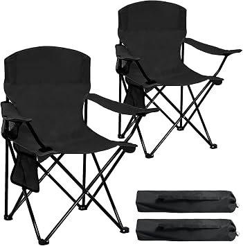 2 Pack Folding Camping Chair with Cup Holder & Side Storage Bag 300lbs Capacity Lightweight High Back Portable for Beach, Picnic, Sport, Black