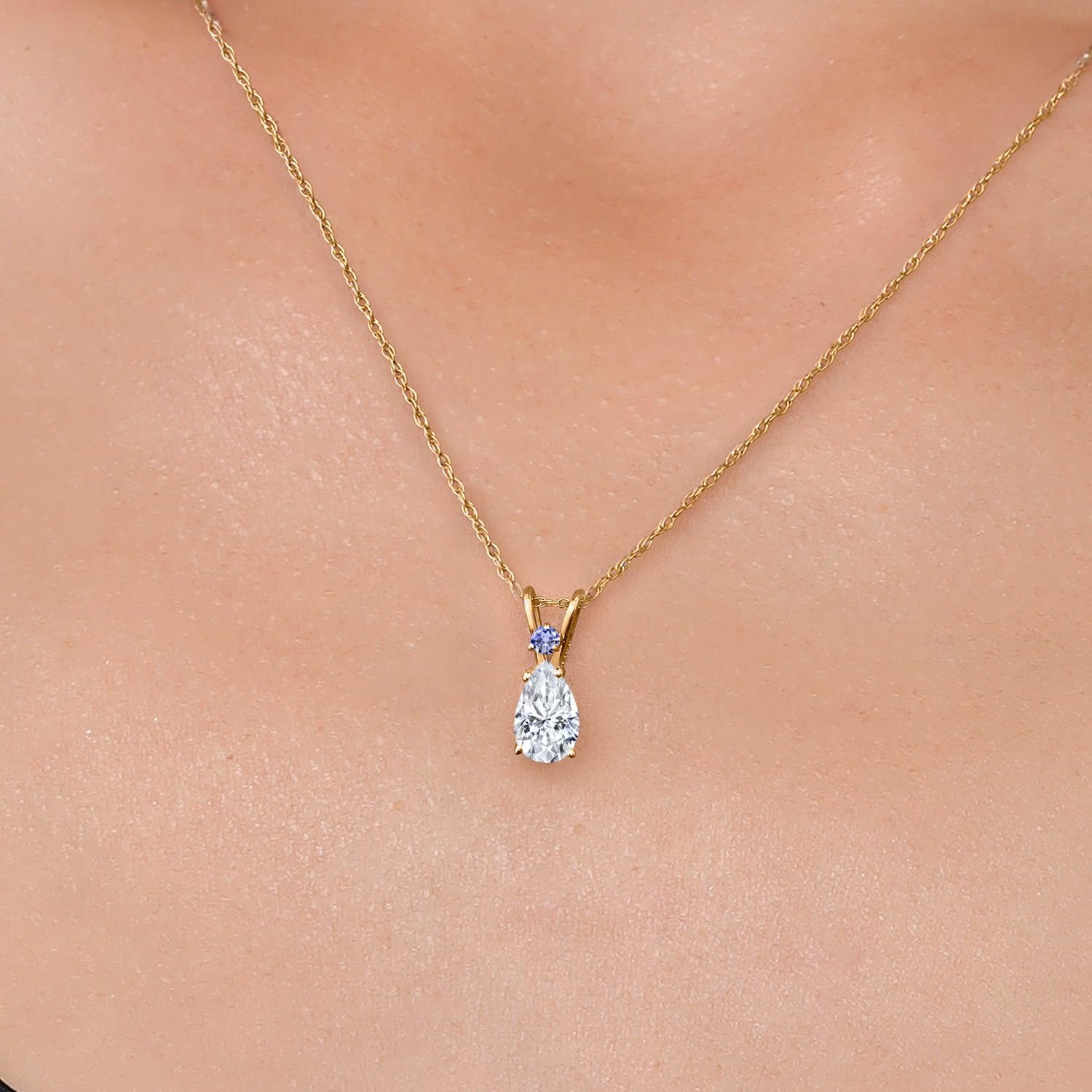 Gem Stone King 14K Yellow Gold White Moissanite and Blue Tanzanite Pendant Necklace for Women | 1.03 Cttw | Gemstone Birthstone | Pear Shape 8X5MM | With 18 Inch Chain - Image 3