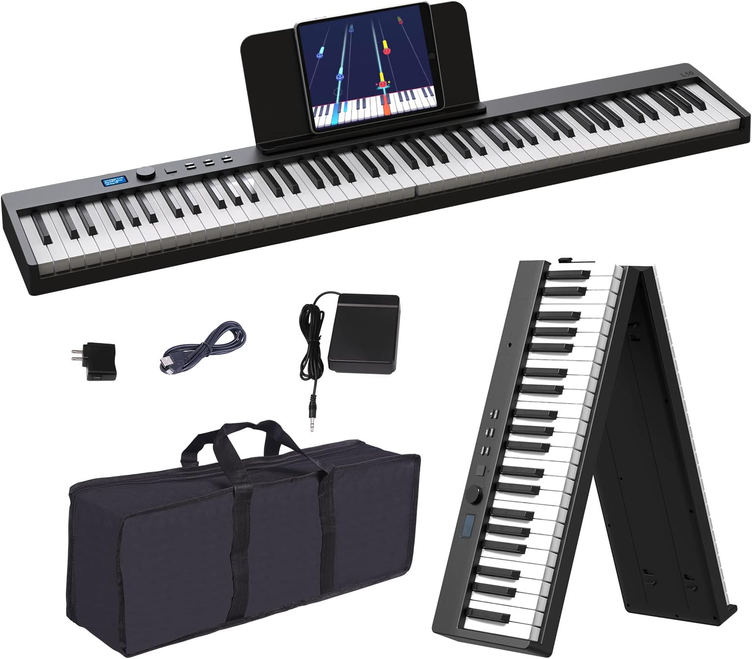 Foldable Piano Keyboard, 88 Key Full Size Semi Weighted Folding Piano Keyboard, Bluetooth Portable Electronic Keyboard Piano with Sheet Music Stand, Sustain Pedal and Piano Bag, Black