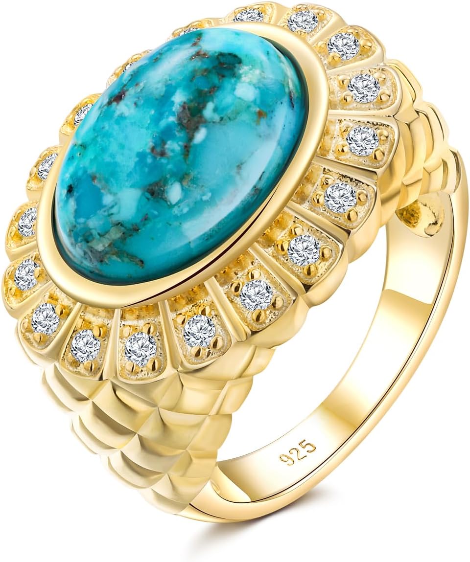 AIBAO Large Turquoise/Lapis Lazuli/Malachite Signet Rings for Women Men Oval Gemstone Engagement Ring Size 6 to 10 Western Jewelry Gift for Birthday Valentines Anniversary