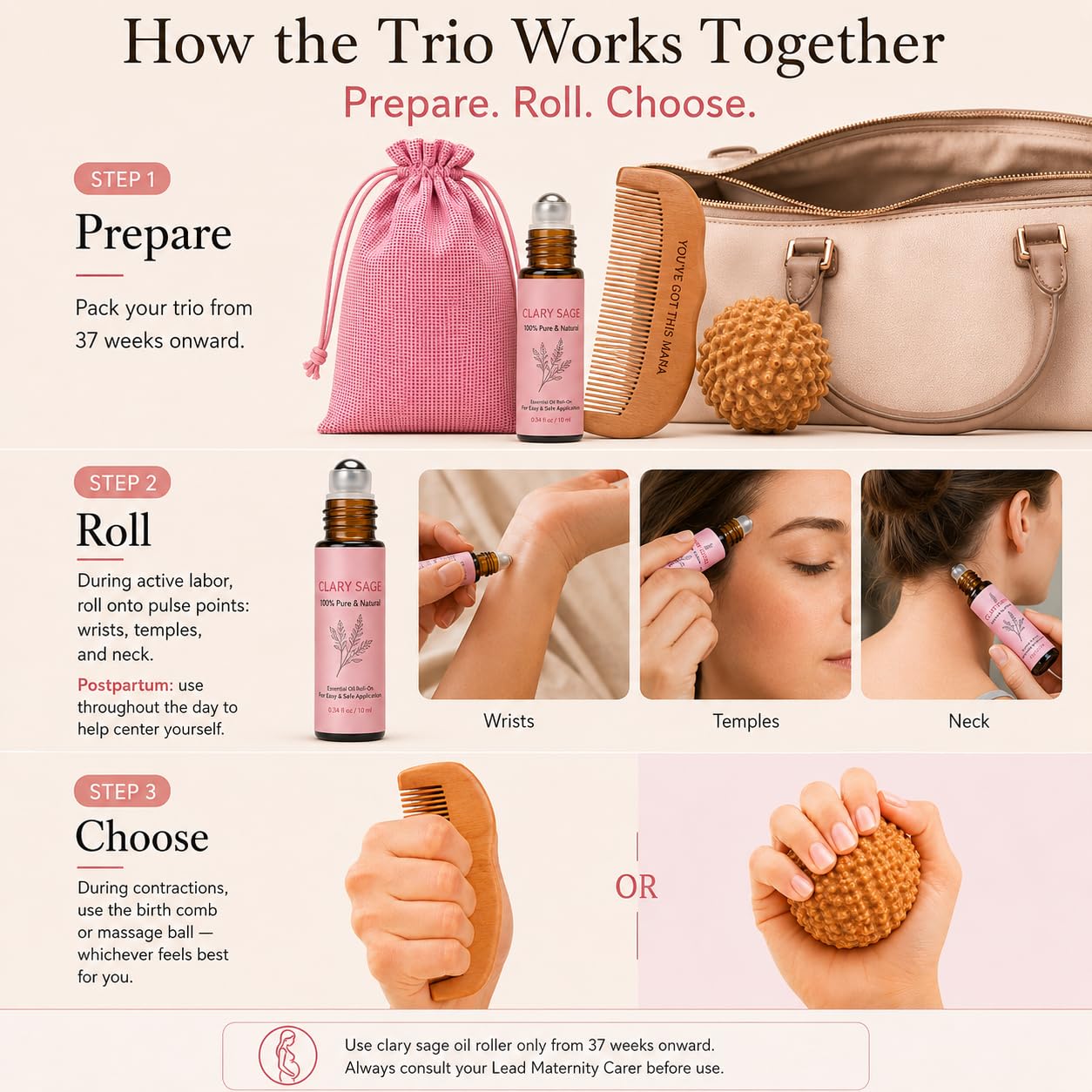 Labor Focus Trio, Birth Comb, Massage Ball & Clary Sage Roller