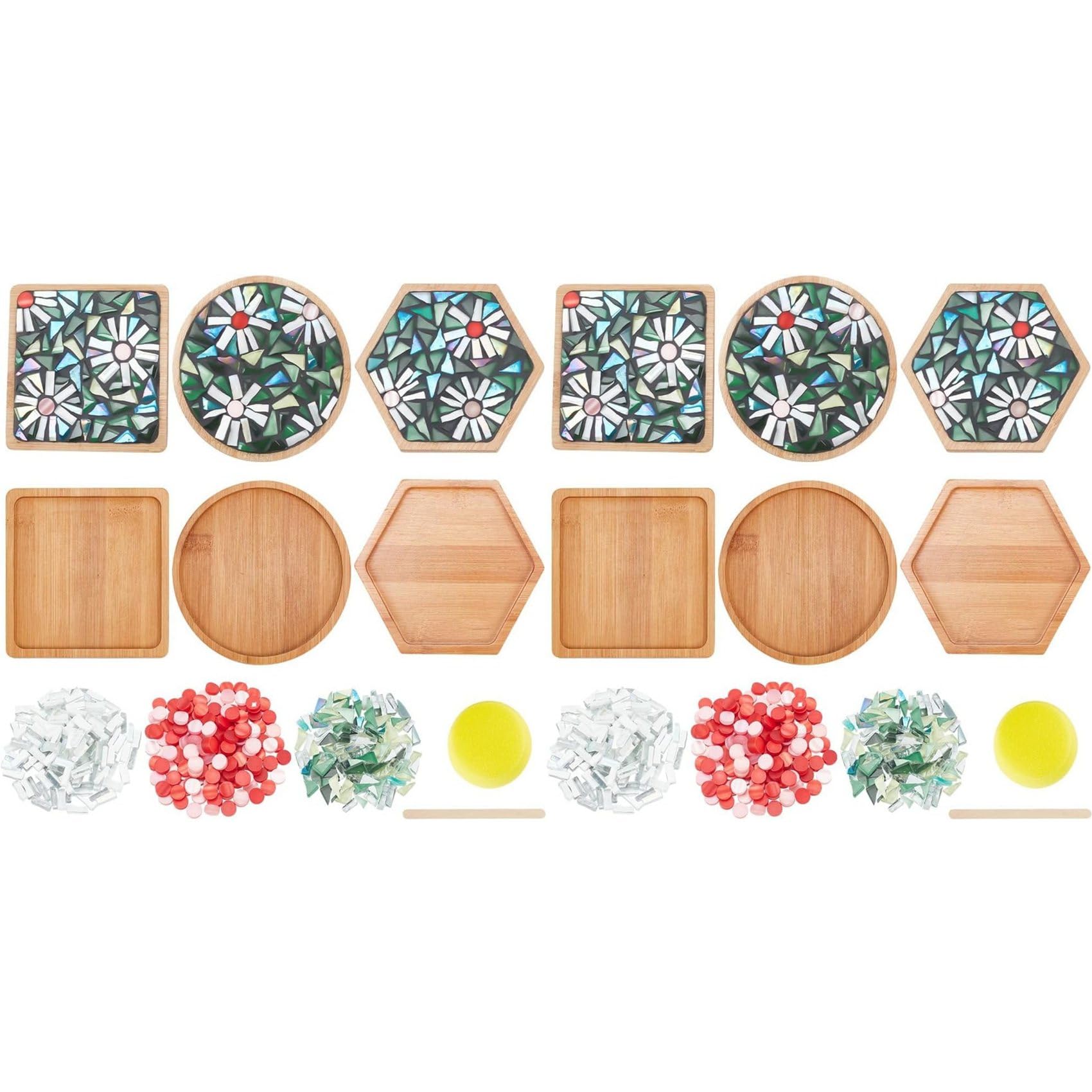 Aundhegrtt 2 Set 3 Styles DIY Mosaic Craft Set Floral Mosaic Bamboo Coaster Set for Handmade Art Home Decoration