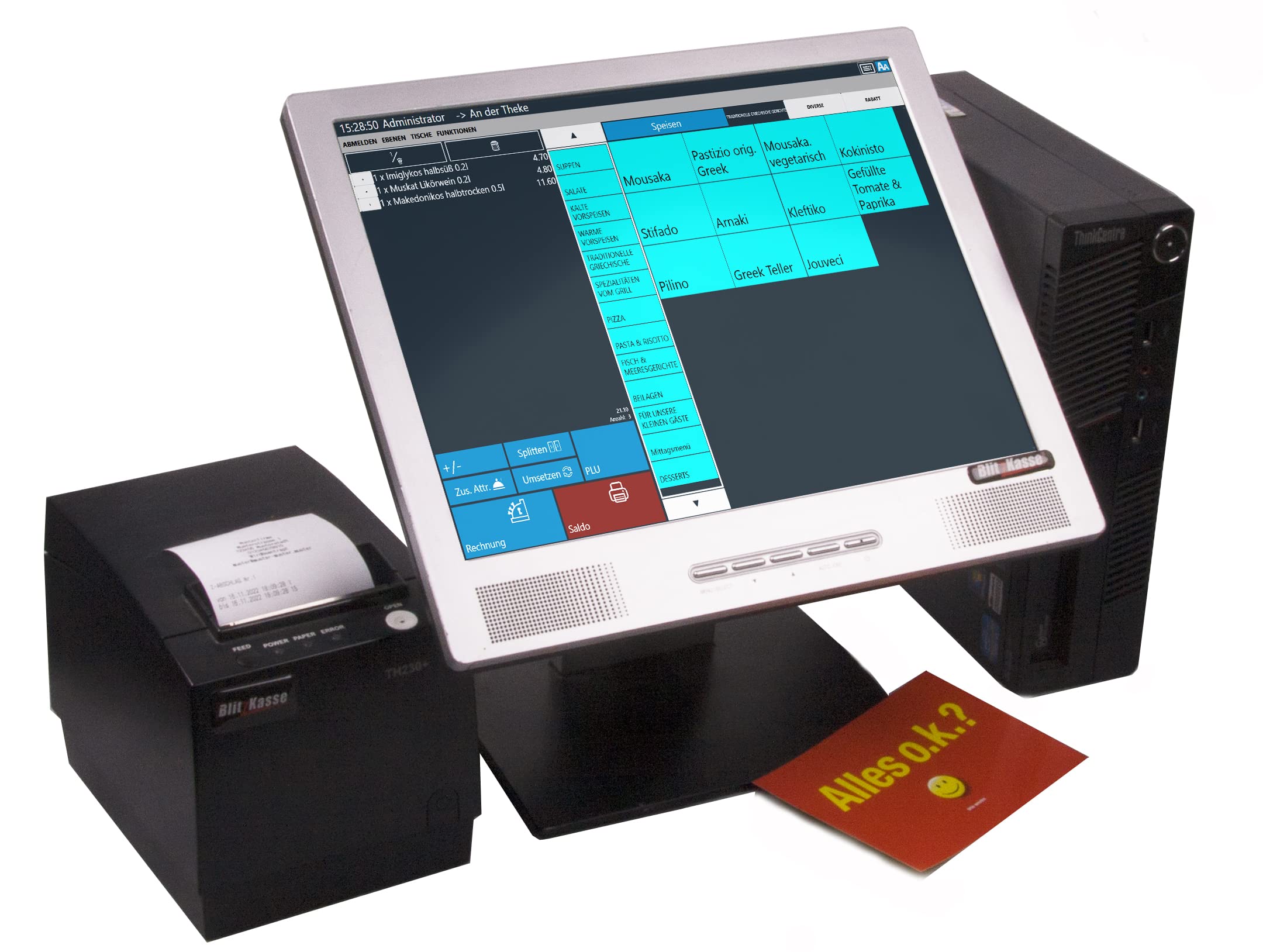 15" Gastronomie Kassensystem - ohne Abo - für Restaurant, Café, Pizzeria & Gaststätte – Touchscreen Kasse mit Bondrucker und BlitzKasse Restaurant Software, TSE-konform