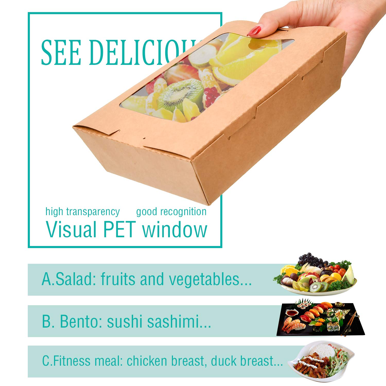 Take Out Food Containers 40 oz (50 Pack) Kraft Brown Food Boxes, Disposable Food Containers with 18PE film Leak and Grease Resistant - Recyclable Lunch Box With transparent window To Go Containers for Food : Industrial & Scientific