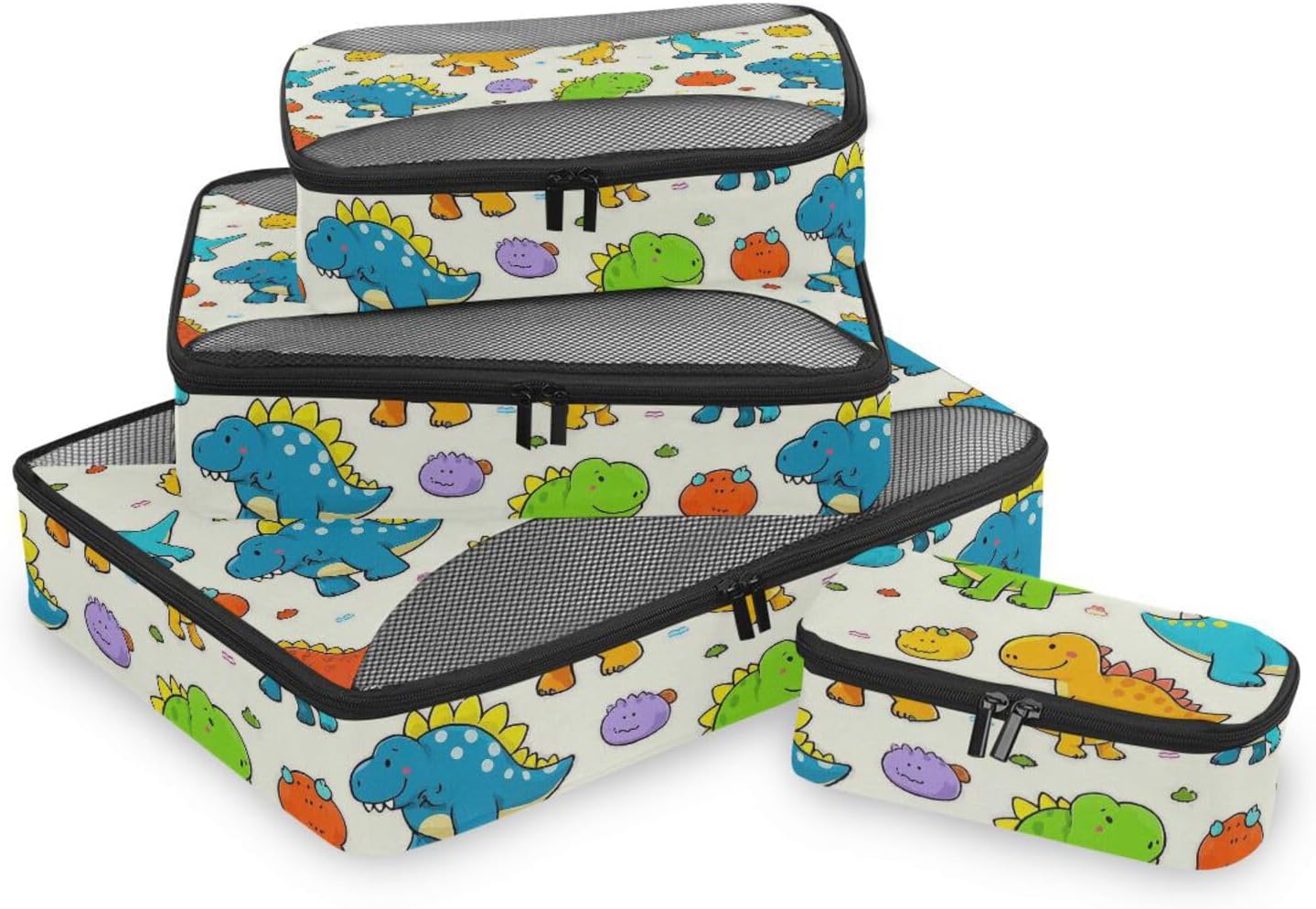 Beige Cute Dinosaur 4 Pcs set organizer for luggage Mesh Travel Essentials lightweight packing cubes compression